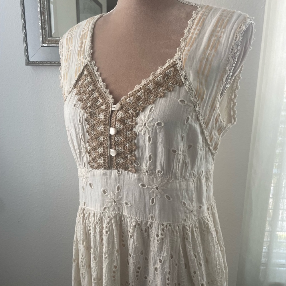 Bohemian Ivory Eyelet Dress with Crochet Trim